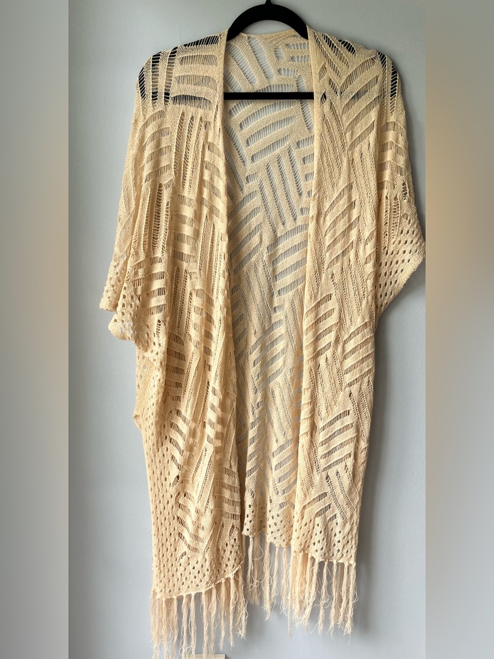 Light Cream Open Knit Fringe Cardigan Sweater- One Size Fits All